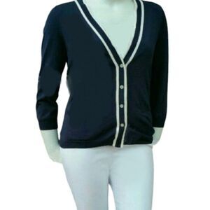 Ralph Lauren Sweater Cardigan Silk V Neck Navy Ivory Preppy Office Nautical S